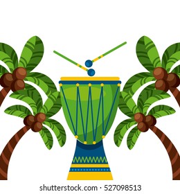 drum instrument of brazil musical culture over palms and white background. colorful design. vector illustration