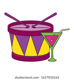 Drum instrument and cocktail design, Music sound melody song musical art and composition theme Vector illustration