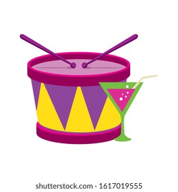 Drum instrument and cocktail design, Music sound melody song musical art and composition theme Vector illustration