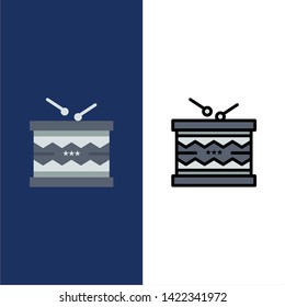 Drum, Instrument, Irish, Parade, St. Patrick  Icons. Flat and Line Filled Icon Set Vector Blue Background