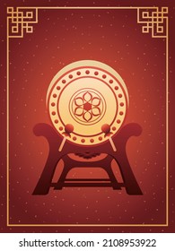 Drum isolated on red background with chinese traditional golden frame.Vector illustration of traditional chinese musical instrument.