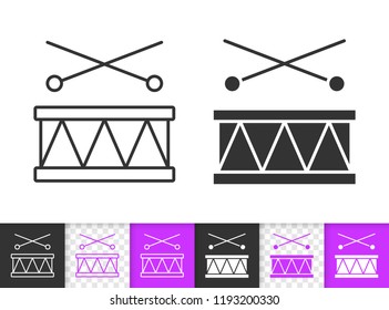 Drum kids toy black linear and silhouette icons. Thin line sign of stick. Music outline pictogram isolated on white, transparent background. Vector Icon shape of drum baby toy simple symbol closeup