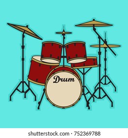 Drum kit. Drum and bass music. Cartoon vector illustration. Flat style. 