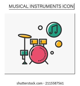  Drum kit color icon.Trap set. Modern percussion instruments set. Drums and cymbals. Classical, ethnic and modern music. Music from different countries. Isolated vector illustration
