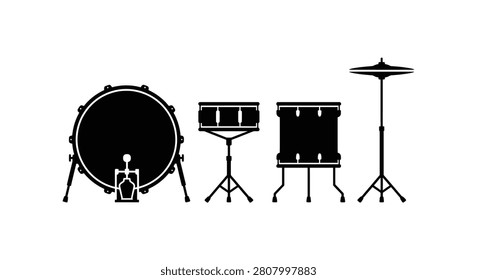 A drum kit consisting of a bass drum toms and a cymbal presented as a black silhouette