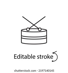 Drum kit with drumsticks line icon. Drum school logo. Musical instrument. Music store label. Customizable line symbol. Editable stroke. Isolated vector stock illustration