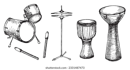 Drum kit, drumsticks vector illustration isolated. Musical instrument ink hand drawn. Percussion instrument black white silhouette. Design element for for flyer, live concert events, brochure, poster