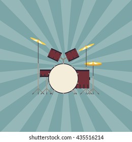 A drum kit in flat icon design on vintage background (vector)