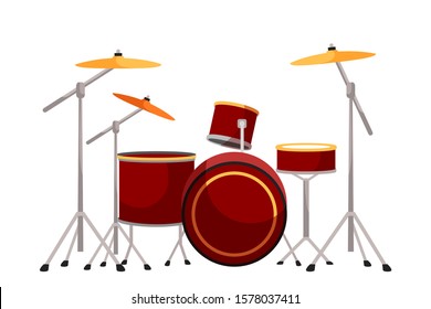 Drum Kit Flat Vector Illustration. Drums And Cymbals Construction On White Background. Collection Of Percussion Musical Instruments. Modern Drumset. Drumming Solo, Rock Music Concert Design Element