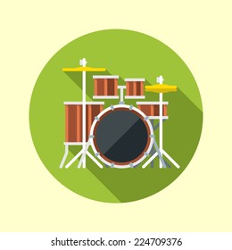 Drum kit icon. Flat design long shadow. Vector illustration.