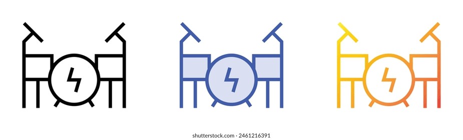 Symbol für Drum Kit. Lineares, blaues Füllungs- und Verlaufsstil-Design auf weißem Hintergrund