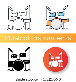Drum kit icon. Musical instrument on stage for live band performance. Crash cymbals and snare drum in drumset. Jazz rhythms. Linear black and RGB color styles. Isolated vector illustrations