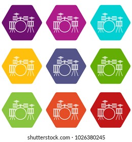 Drum kit icon set many color hexahedron isolated on white vector illustration