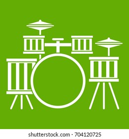 Drum kit icon white isolated on green background. Vector illustration