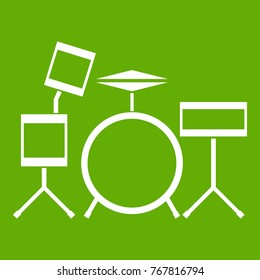 Drum kit icon white isolated on green background. Vector illustration