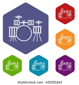 Drum kit icons set hexagon isolated vector illustration