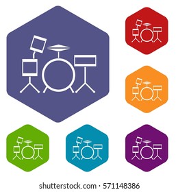 Drum kit icons set rhombus in different colors isolated on white background
