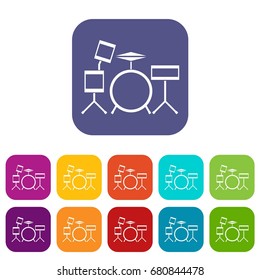 Drum kit icons set vector illustration in flat style in colors red, blue, green, and other