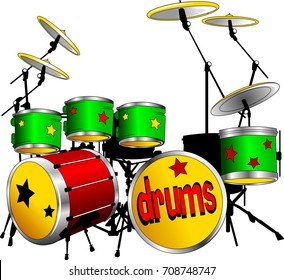 Drum kit isolated on white background, vector and illustration