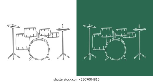 Drum kit line drawing cartoon style. Percussion instrument drum set clipart drawing in linear style isolated on white and chalkboard background. Musical instrument clipart concept, vector design