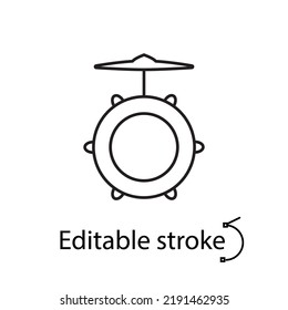 Drum kit line icon. Drum school logo. Rock musical instrument. Music store label. Customizable linear symbol. Editable stroke. Isolated vector stock illustration