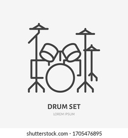 Drum kit line icon, vector pictogram of percussion. Musical instrument illustration, sign for music store logo.