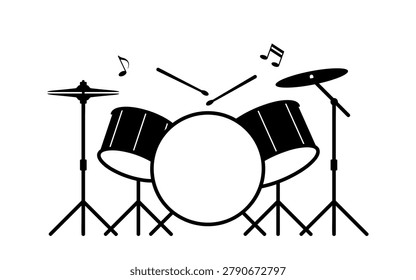Drum kit monochrome icon. Percussion musical instrument. Red drums, stick and cymbal.