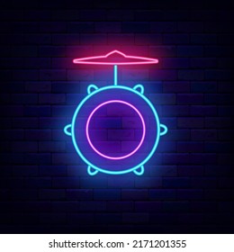 Drum kit neon sign. Drum school logo. Hard rock musical instrument. Night club logo. Shiny glowing symbol. Editable stroke. Vector stock illustration