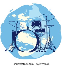 Drum kit on colored  background. Hand drawn vector illustration