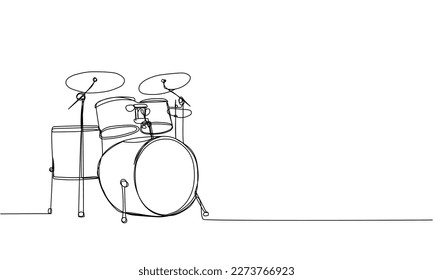 Drum Kit eine Linie Kunst. Kontinuierliche Linie Zeichnung von Spiel, Drum, Drumtick, Kit, Stock, Musik, Darbietung, Song, Vintage, Rock, Instrument, Band, Percussion, Sound, Bass, Musiker.