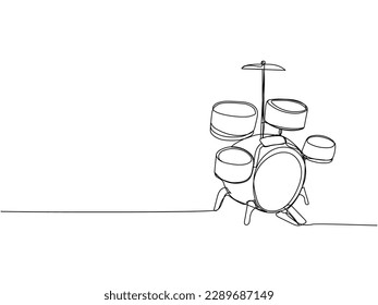 Drum kit one line art. Continuous line drawing of play, drum, drumstick, kit, stick, music, performer, song, vintage, rock, instrument, band, percussion, sound, bass, musician.