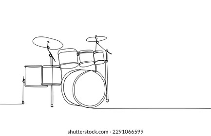 Drum kit one line art. Continuous line drawing of play, drum, drumstick, kit, stick, music, performer, song, vintage, rock, instrument, band, percussion, sound, bass, musician.