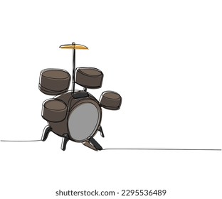 Drum Kit eine Linie Farbe Kunst. Kontinuierliche Linie Zeichnung von Spiel, Drum, Drum, Drumtick, Kit, Stock, Musik, Darbietung, Song, Vintage, Rock, Instrument, Band, Percussion, Sound, Bass, Musiker.