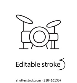 Drum kit outline icon. Drum school logo. Hard rock musical instrument. Music store label. Customizable linear contour symbol. Editable stroke. Isolated vector stock illustration