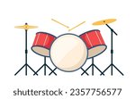 Drum kit. Percussion musical instrument. Red drums, stick and cymbal. Flat style vector illustration