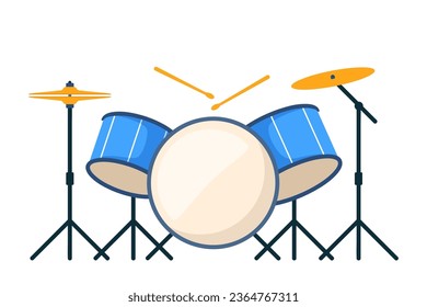 Drum kit. Percussion musical instrument. Red drums, stick and cymbal. Flat style vector illustration