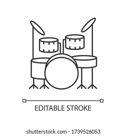 Drum Kit Pixel Perfect Linear Icon. Musical Instrument On Stage For Live Band Performance. Thin Line Customizable Illustration. Contour Symbol. Vector Isolated Outline Drawing. Editable Stroke