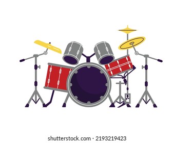 Drum kit for playing music flat style, vector illustration isolated on white background. Rhythmical percussion musical instrument, yellow cymbals, design element