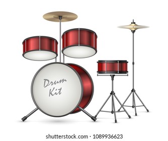 Drum kit realistic vector illustration isolated on background. Professional percussion musical instruments for playing rock, jazz, instrumental and electronic music