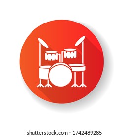 Drum kit red flat design long shadow glyph icon. Musical instrument on stage for live band performance. Play song rhythm. Crash cymbals and snare drum in drumset. Silhouette RGB color illustration