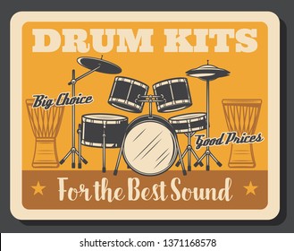 Drum-Kit, Rock-Musik Percussion Instrument Vektordesign. Professionelles Set von Schnauze und Bassfässern, Fußboden, mittleren und hohen Toms, Crash und Hit-Cymbals mit ethnischen afrikanischen Djembe. Musikshop-Poster