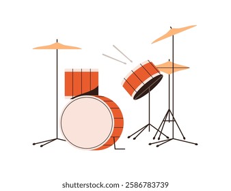 Drum kit, set with cymbals and drumsticks. Classic percussion music instrument with bass, toms, snares and hi-hats. Drumkit equipment with sticks. Flat vector illustration isolated on white background