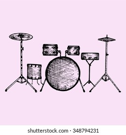 drum kit, set, doodle style, sketch illustration, hand drawn, vector