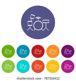 Drum kit set icons in different colors isolated on white background