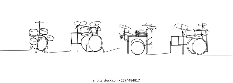 Drum kit set one line art. Continuous line drawing of play, drum, drumstick, kit, stick, music, performer, song, vintage, rock, instrument, band, percussion, sound, bass, musician.