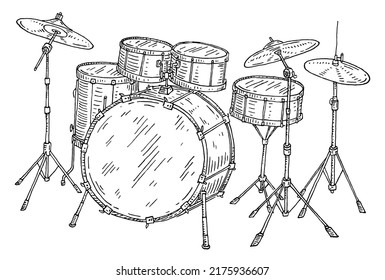 Drum kit set. Vector vintage black engraving illustration isolated on white