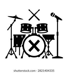 Drum kit silhouette with drumsticks and microphone drums set rock band music icon concert gear