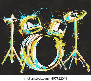 Drum kit with splashes in watercolor style. Colorful hand drawn vector illustration