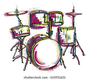 Drum kit with splashes in watercolor style. Colorful hand drawn vector illustration