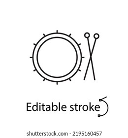 Drum kit with sticks outline icon. Drum school logo. Rock musical instrument. Music store label. Customizable line symbol. Editable stroke. Isolated vector stock illustration